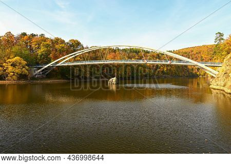 Bridge Over The Water. Colorful Autumn Landscape. Nature On The Brno Dam. Czech Republic Europe.