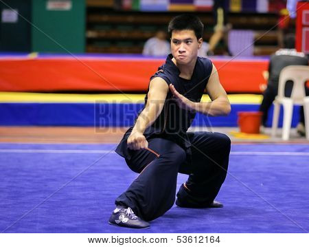 KUALA LUMPUR - NOV 03: Cedric Chung of Australia shows his fighting style in the 'nan quan compulsory' event at the 12th World Wushu Championship on November 03, 2013 in Kuala Lumpur, Malaysia.