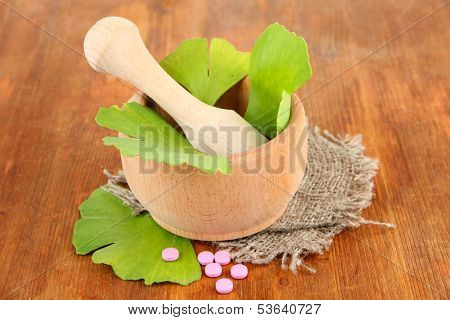 Ginkgo biloba leaves in mortar and pills on wooden background