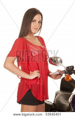 Woman Red Top Motorcylce Stand