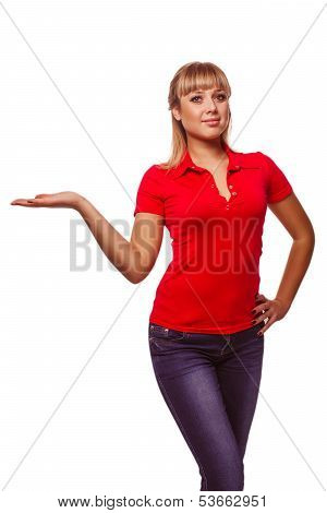 girl portrait happy young blond woman showing open hand holding