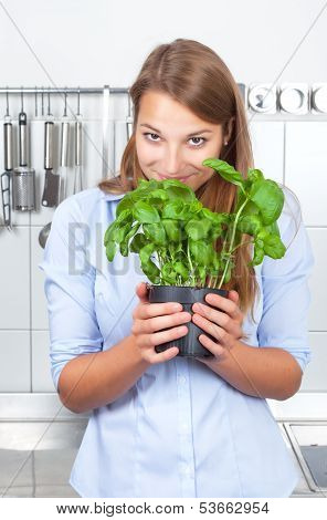 Young woman smelling on fresh basil