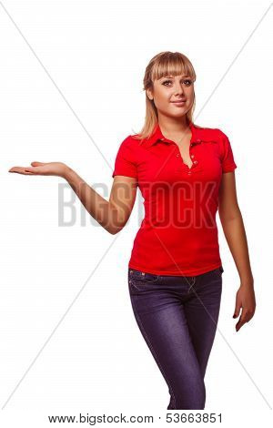 portrait girl happy young blond woman showing open hand holding