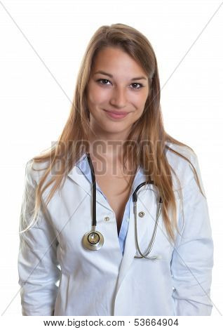 Portrait of a young female doctor on white background