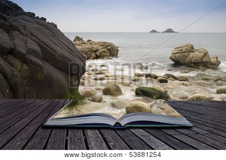 Creative Concept Pages Of Book Beautiful Landscape Of Porth Nanven Beach Cornwall England