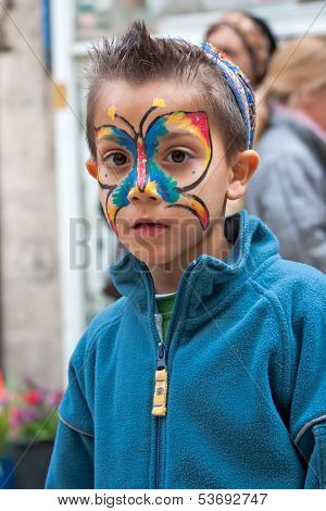 Jerusalem, Israel - 15 March 2006: Purim Carnival. Little Boy With A Body-art On Face.