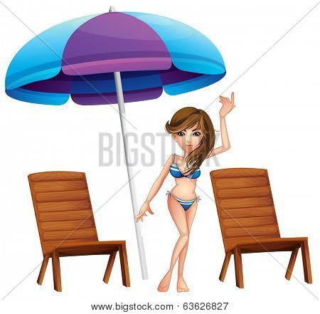 Illustration of a pretty girl at the beach near the wooden chairs on a white background