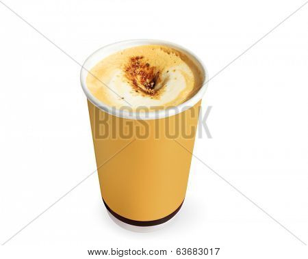 row of paper coffee cups on a white background 
