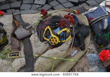 KIEV, UKRAINE - APR 19, 2014: Downtown of Kiev.Camp decoration with military items.Rioters camp.Putsch of Putsch.April 19, 2014 Kiev, Ukraine 