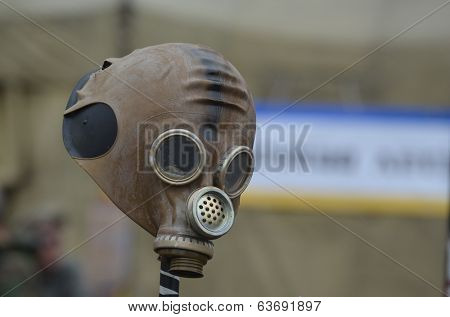 KIEV, UKRAINE - APR 19, 2014: Downtown of Kiev.Camp decoration with military items.Rioters camp.Putsch of Putsch.April 19, 2014 Kiev, Ukraine 