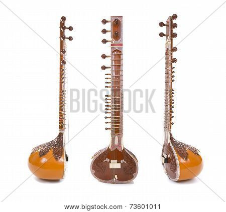 Sitar, A String Indian Traditional Instrument, Isolated On White Background