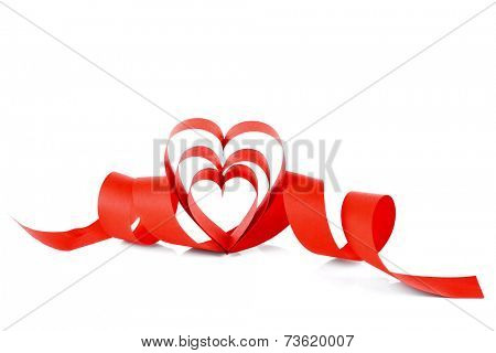 Heart shaped red paper ribbon isolated on white