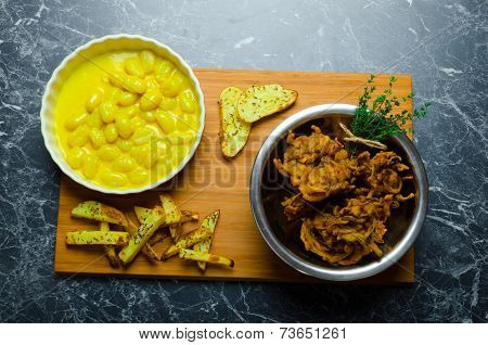 Curry Gnocchi With Bhajjis And Roasted Potato