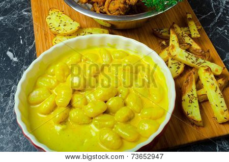 Curry Gnocchi With Bhajjis And Roasted Potato