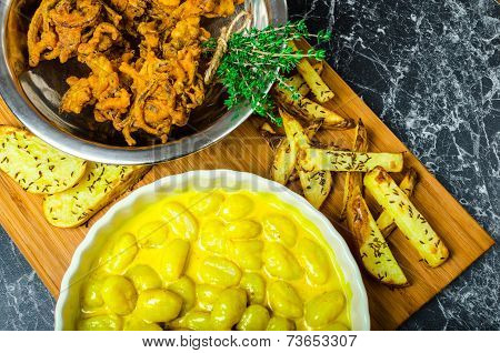 Curry Gnocchi With Bhajjis And Roasted Potato