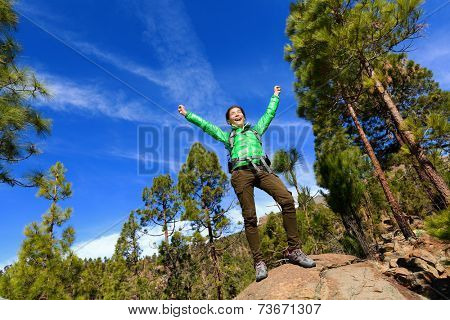 Hiking woman reaching summit top cheering celebrating on mountain top with arms up outstretched towards the sky. Happy female hiker.