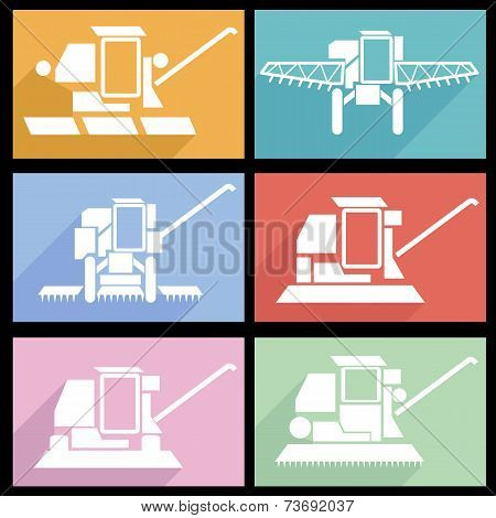 Collection flat icons with long shadow. Agricultural vehicles ha