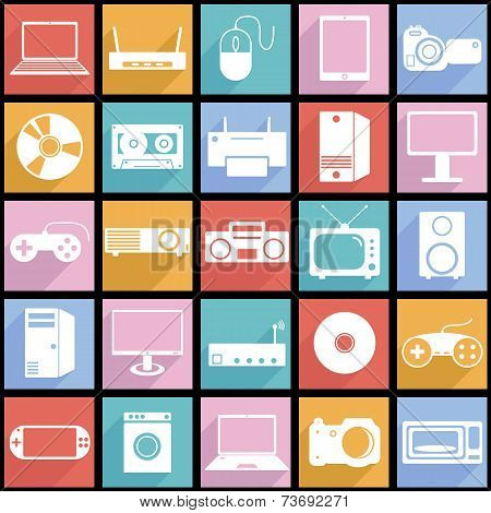 Collection flat icons with long shadow. Eectronic devices symbol