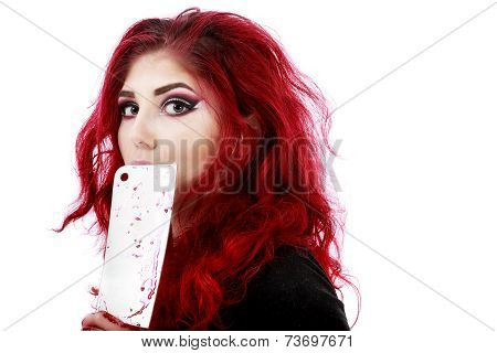 redhead woman with a bloody hatchet in hand