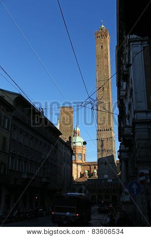 Tower Called Degli Asinelli In Bologna Downtown In Italy