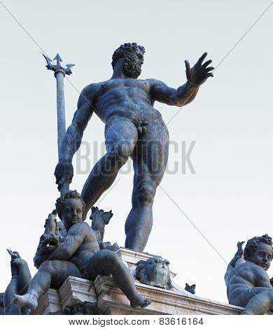 Bologna, Italy, Statue Of Neptune Naked With Trident And Little Angels