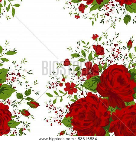 Seamless pattern with red roses on design background