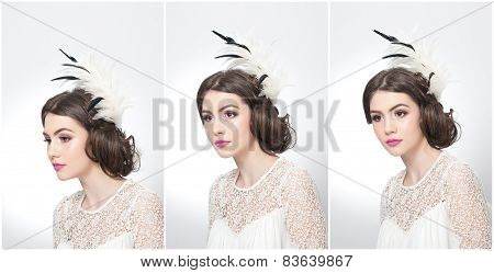 Hairstyle and make up - beautiful young girl art portrait. Genuine natural brunette with hair style