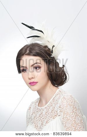 Hairstyle and make up - beautiful young girl art portrait. Genuine natural brunette with hair style