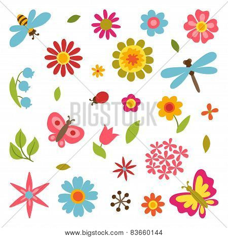 Natural set of beautiful flowers, beetles and butterflies.