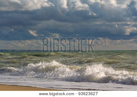 Stormy Skies Over The Sea And The City Of Sevastopol On The Horizon. Crimean Black Sea Coast