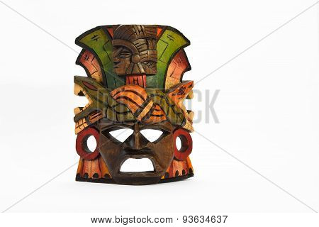 Indian Mayan Aztec wooden mask with anaconda and jaguar isolated on white background