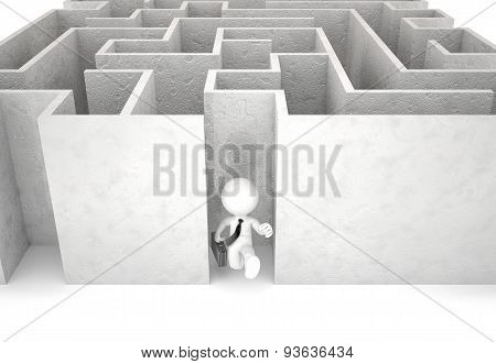 3D Businessman Running Out Of Maze. Isolated. Contains Clipping Path