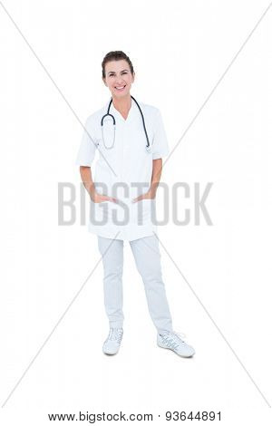 brunette female doctor against white background