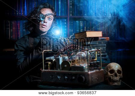 Portrait of a man steampunk in his research laboratory. Fantasy.