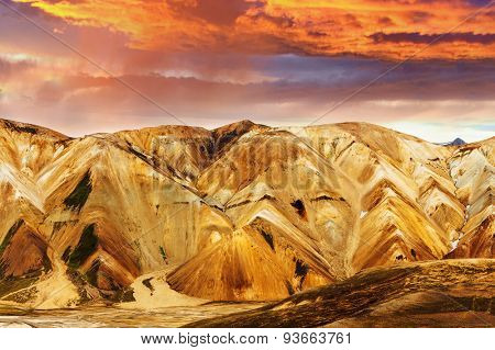 Beautiful multicolored mountains at Landmannalaugar, Iceland. Sunset