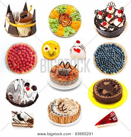 Collage of various cakes and pastries on a white background