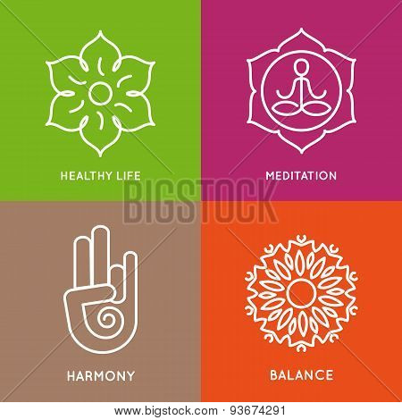 Yoga line symbols in colorful squares.