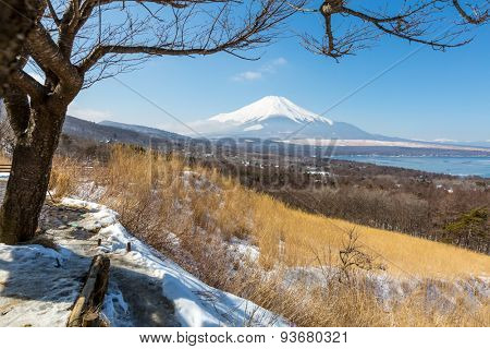 Aerial panorama view point of Mount Fuji at Yamanaka Lake in Winter