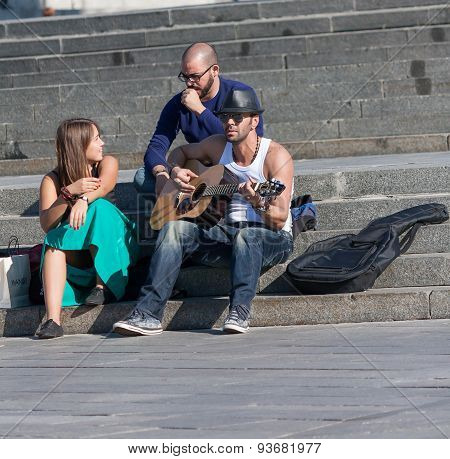 Kiev, Ukraine - September 10, 2013: Young Musicians Playing On The Central Square Of The Capital