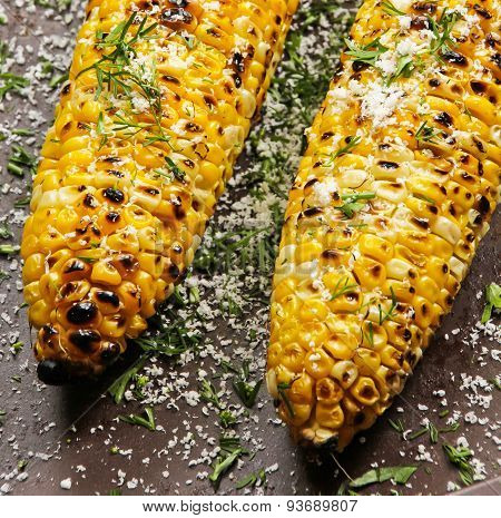 Grilled sweetcorn with butter salt and Parmesan
