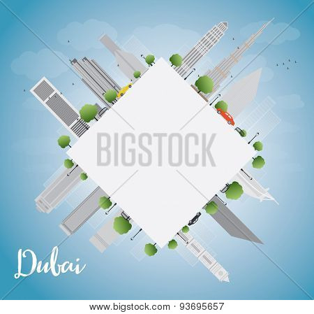 Dubai City skyline with grey skyscrapers, blue sky and copy space. Vector illustration