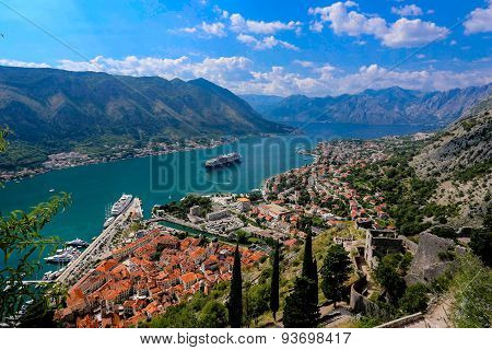 Looking Over The Bay Of Kotor In Montenegro With View Of Mountains, Cruise Ship