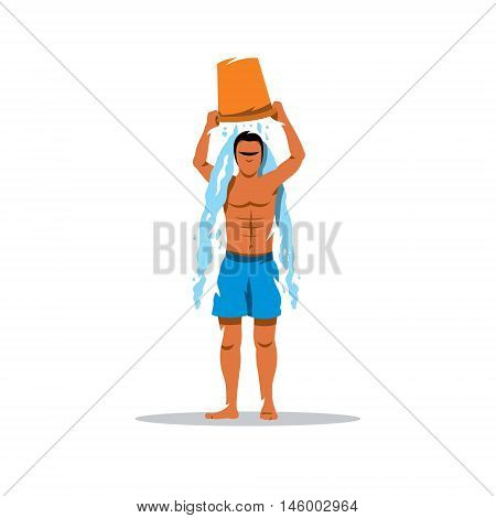 Man pours cold water. Isolated on a white background
