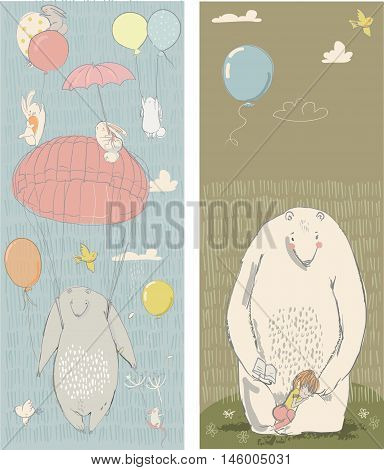 seamless pattern with balloons, cute little hares and polar bear