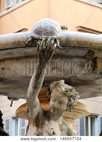 Turtle fountain detail in Rome in Jewish quarter