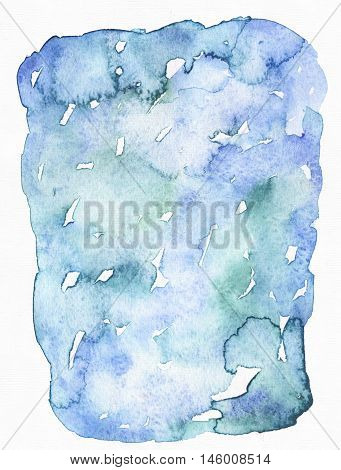 Blue watercolor hand drawn abstract shape based on ink drips and shades. Isolated on white watercolor paper illustration drawn with brush and liqid ink. Raster large grainy background