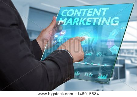 Internet. Business. Technology Concept. Businessman Presses A Button Content Marketing On The Virtua