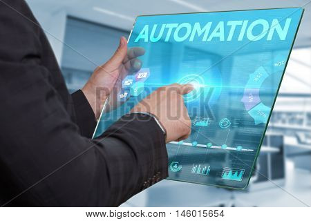 Internet. Business. Technology Concept. Businessman Presses A Button Automation On The Virtual Scree