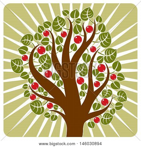Fruity tree with ripe apples placed on stylized background. Organic and eco food idea vector image.
