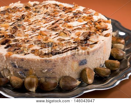 Chestnut and raisins tiramisu - prepared like standard tiramisu with the addition of pureed boiled chestnuts and raisins to the cream